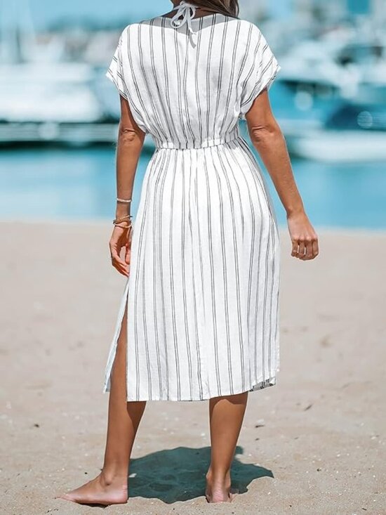 CUPSHE Women Beach Cover Up V Neck Short Sleeve Striped Midi Swimsuit Dress L - Picture 3 of 4
